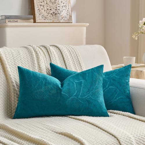 Image of FUTEI Pack of 2 Velvet Throw Pillow Covers 12x20 Inch Soft Embossed Leaf-Relief Textured Decorative Lumbar Pillowcases Modern Natural Farmhouse Accent for Couch Bed Living Room, Teal