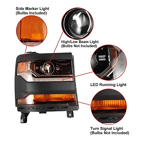 Roxx Hid Projector Headlight Headlamps Assembly Compatible With 2016 2017 2018 2019 Chevy Silverado 1500 W/High Low Beam Drl Driver & Passenger Side (Black Frame/Clear Lens) #TOP2