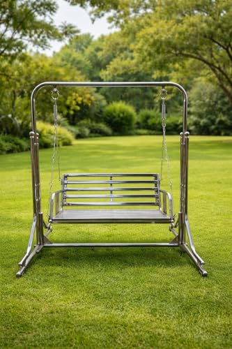 Image of Stainless Steel Silver 3-Seater Fixed Handle Jhula with Stand - 350Kg Capacity | Indoor & Outdoor Garden Porch Fixed Handle | Sturdy, Portable and Durable Jhula for Home Balcony.
