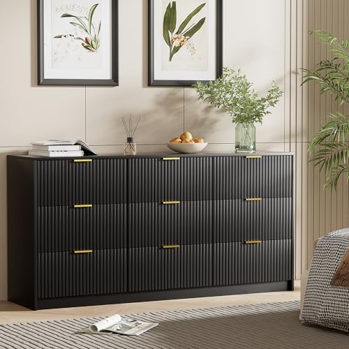 Image of Furniway Black Dresser for Bedroom, Modern Dresser with 9 Drawers and Smooth Slides, Wide Chest of Drawers with Golden Handles for Bedroom, Living Room, Closet, 15.7 inch D x 63 inch W x 31.5 inch H