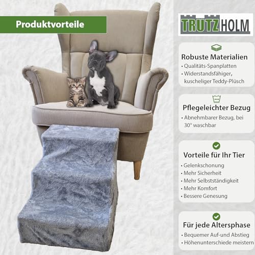 TRUTZHOLM Hundetreppe 3 Stufen Hunderampe für Bett und Sofa, Abnehmbarer, waschbarer Plüschbezug in Anthrazit robuste Hundetreppe Katzentreppe Hunderampe gelenkschonend
