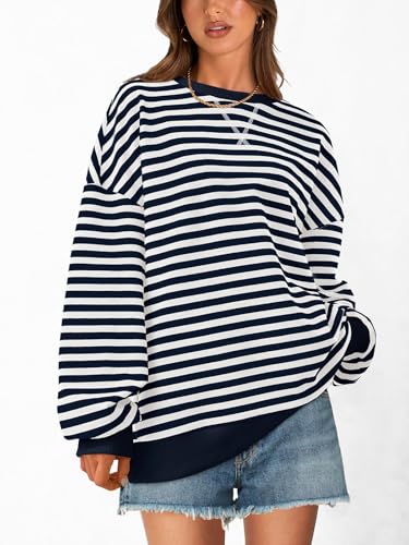 Image of PRETTYGARDEN Womens Striped Oversized Sweatshirt Color Block Crew Neck Long Sleeve Casual Loose Pullover Top Y2K Clothes