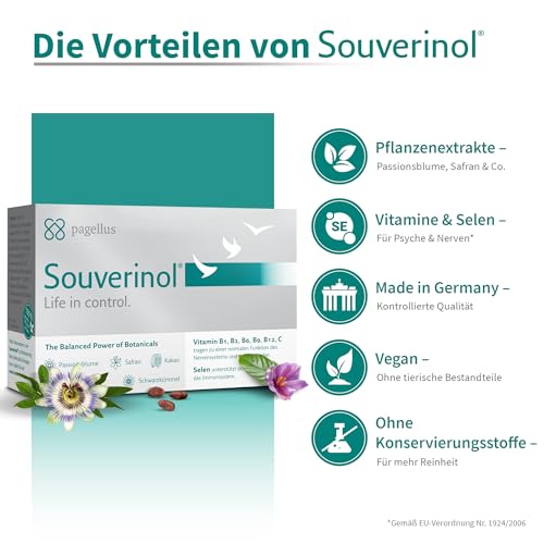 Souverinol® - Gegen innere Unruhe, Stress & Prüfungsangst - Pflanzliches Nahrungsergänzungsmittel mit Vitamin B & C (60 Kapseln) – Passionsblume, Safran Extrakt & Schwarzkümmel für mentale Balance
