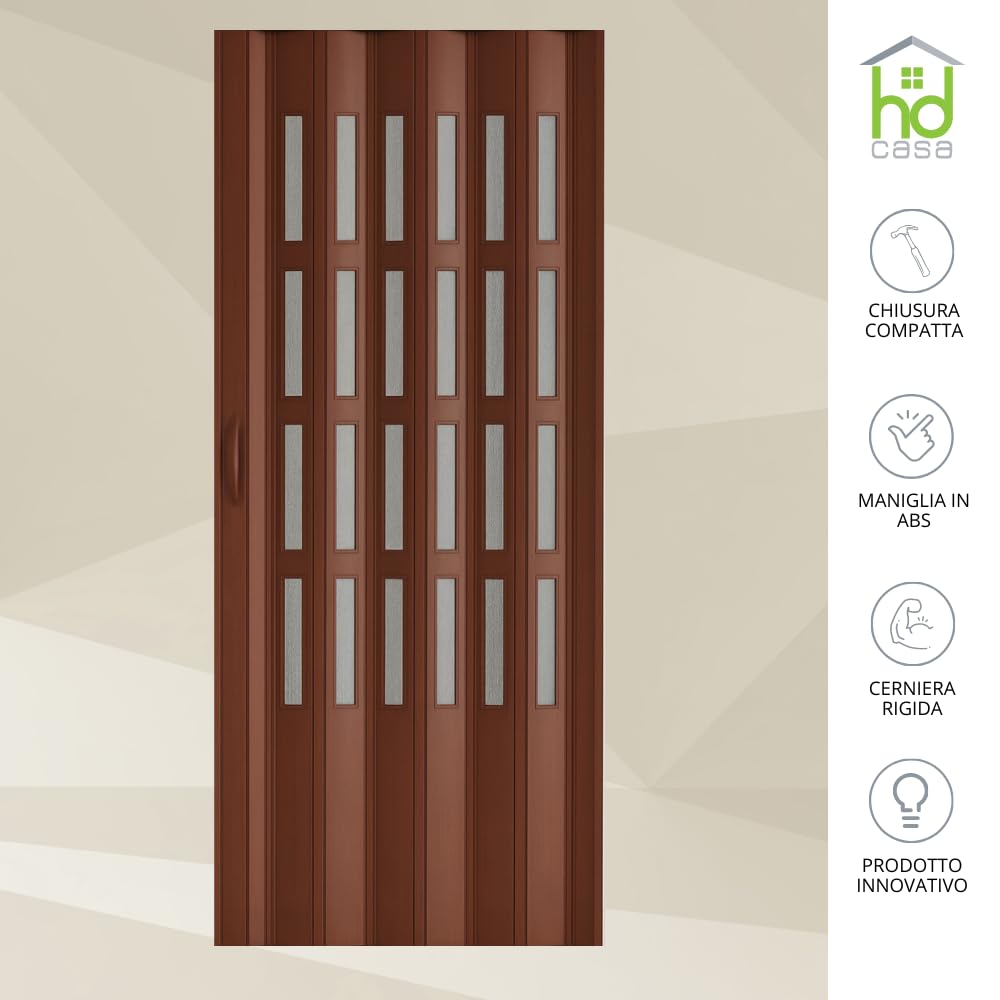 HD CASA Porta a Soffietto Modello Extra Standard, in PVC con Vetri Trasparenti, Reversibile e Regolabile in Altezza e Lunghezza, Fai da Te, Made in Italy, arredo casa, Noce 82x210 cm