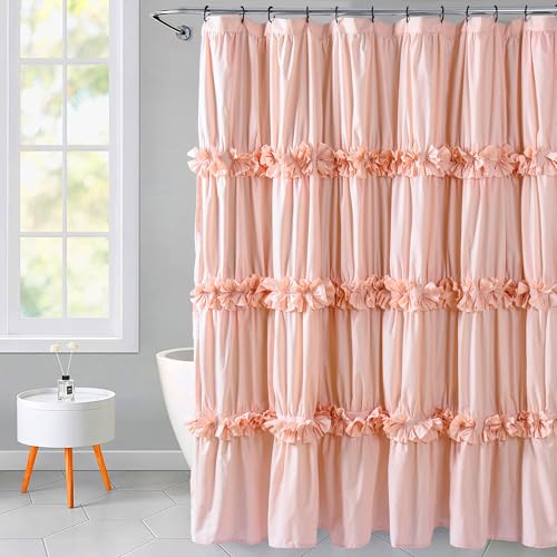 Homechoice Decor Peach Ruffle Shower Curtain Vintage Handcrafted Bow Tie Bath Curtain for Master Bathroom Ruched Microfiber Bathroom Curtain with 12 Buttonholes 72 W x 72 H (LQ-10)