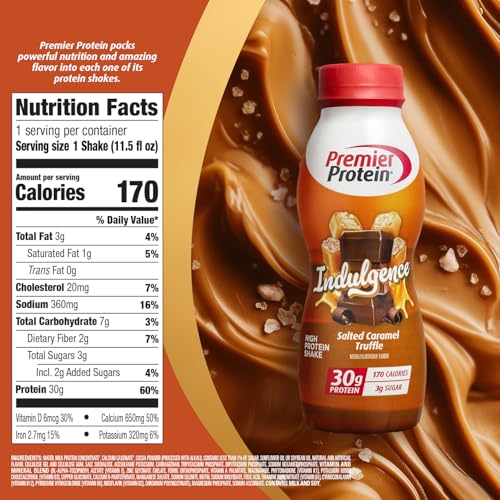 Image of Premier Protein Shake INDULGENCE, Salted Caramel Truffle, 30g Protein, 170 Calories, 3g Sugar, 11.5 fl oz, 12 Pack (Packaging May Vary)