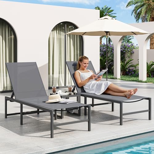 Image of Amopatio Patio Lounge Chair Outdoor Chaise Lounge Set of 2 for Pool | with Side Table Weather Resistant 5-Position Adjustable Backrest Heavy Duty Steel Frame 400 LBS Capacity;Gray
