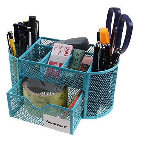 Annstory Home Office Desk Organizer with 9 Compartments + Drawer Mesh Tray for Pen, Great Adult Kids Gift,Blue