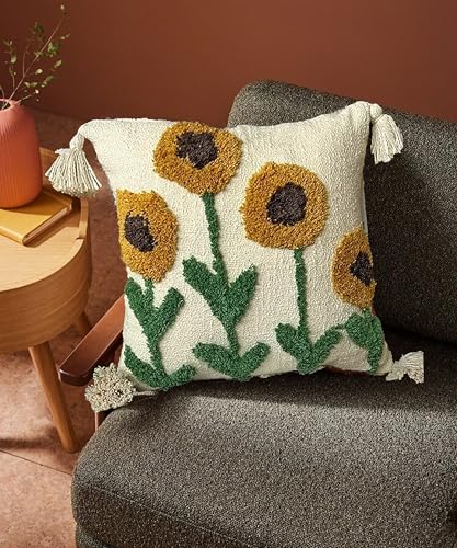 Image of Tarantaran Tufted Decorative Throw Pillow Cover, Blue and White Geometric Pattern with Tassels, 40.6 x 40.6 cm, Modern Square Pack of 2 (Sunflower)