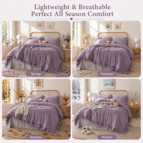 Image of JANZAA Grayish Purple Comforter Set Twin - Soft Microfiber, Lightweight All Season Bedding, Ruffle Shabby Chic Aesthetic, Breathable Cozy Bed Set with 1 Pillow Shams, Machine Washable