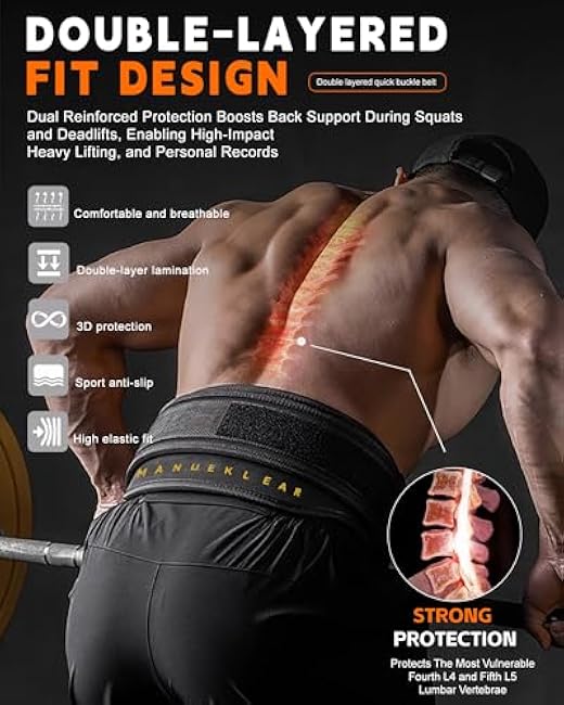 MANUEKLEAR Weight Lifting Belts for Men and Women, Gym Weight Belt with Carabiner Quick Locking, Double-Layer Weightlifting Belt for Workout Squat Powerlifting Deadlift