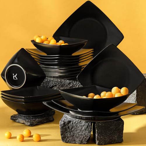 KONSIMO EPIRI Geschirrset 6 Personen, 18-teiliges Tafelservice aus Steinzeug – Modernes Teller Set mit Speisetellern, Frühstückstellern & Schalen Geschirr Set (Schwarz Matt, für 6 Personen)