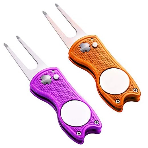 Yizerel 2 Pack Metal Foldable Golf Divot Tool with Pop-up Button & Magnetic Ball Marker (Pack of 2, Fish Design)