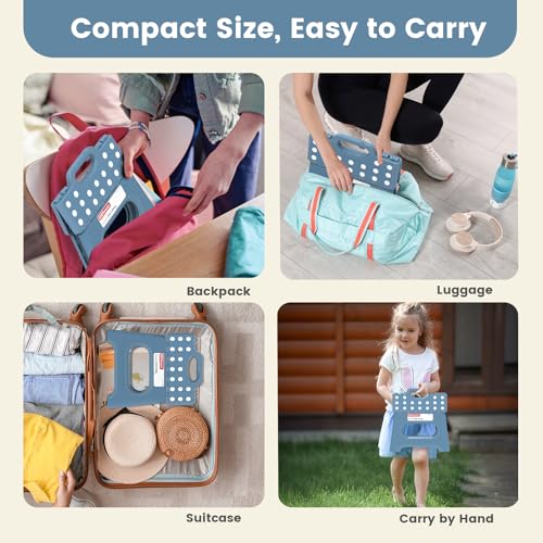 Image of HBTower Folding Step Stool 9 Inch - Holds 600 lb, Non-Slip Surface & Carry Handle - Sturdy Step Stool for Kids, Toddlers & Adults - Compact Foldable Foot Stool for Kitchen, Bathroom, Bedroom(Blue)