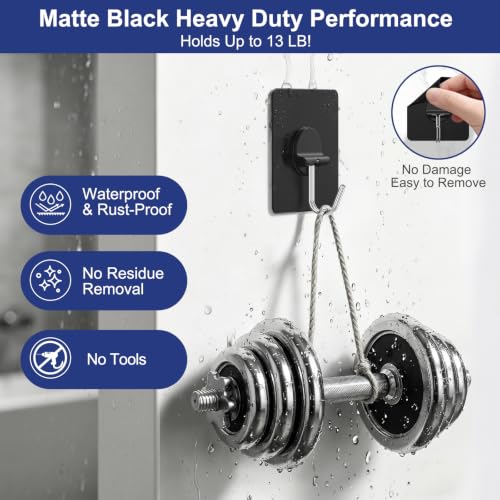Image of Adhesive Wall Hooks No Drill Black Heavy Duty, 13LB Sticky 12 Pack | Waterproof Black Sticky Hooks for Hanging, 13 lbs Max Load No Damage,Ideal for Towel,Coat,Bathroom,Kitchen,Home