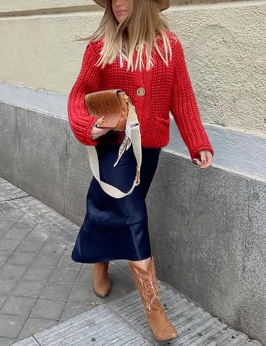 Yimoon Women's Cropped Cardigan Sweater Button Down Long Sleeve Chunky Knit Cardigan Fall Open Front Sweater Coat with Pocket(Red-L), Large4