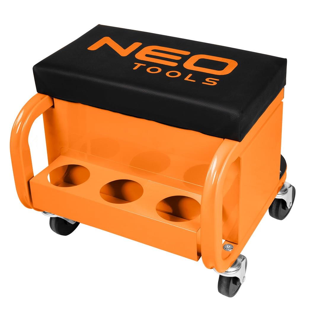 NEO TOOLS Werkstatthocker mit Ablagefläche 38 x 39 x 37 cm mit Rollen Werkstattwagen Werkzeugwagen Werkstatt-Rollsitz Werkstattsitz fahrbar mit 4 Rollen und 3 Ablagen