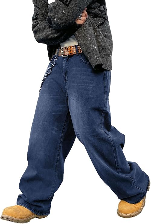 HUNGSON Mens Baggy Jeans for Men Women Y2k Skater Vintage Plain Pants Casual Wide Leg Jeans Loose Fit Denim Jeans
