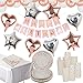 Suministros de vajilla para fiesta de cumpleaños con puntos de oro rosa – platos blancos, servilletas, pajitas de papel, mantel, globo de aluminio para decoración de fiestas – sirve 25