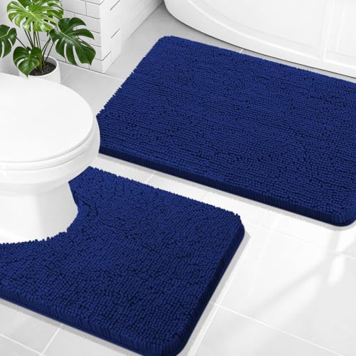 Image of OLANLY Bathroom Rugs Sets 2 Piece, Soft Absorbent Chenille Bath Mats and U-Shaped Contour Toilet Mat Area Rug Set, Machine Washable Bath Carpet, Home Decor Accessories(30 inchx20 inch+24 inchx20 inch, Navy)