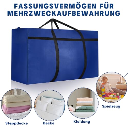 Dntorx 2 Stück 180L Große Aufbewahrungstasche, Oxford Heavy-Duty Umzugstaschen mit Reißverschluss Handgriff Umzugskartons Groß Reisetasche Tragetasche für Bettdecken Kleidung Bettwäsche (Blau)