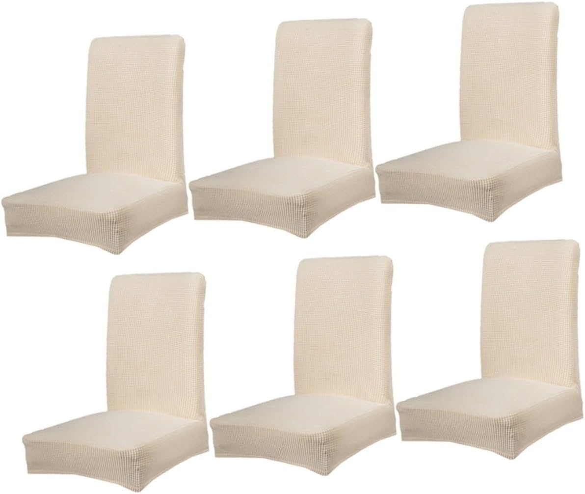 6pcs Beige Elastic Chair Protector Covers for Dining Chairs Stretchy Polyester Seat Slipcovers Removable Full Seat Covers for Home Office Wedding Banquet Party Easy Wash and