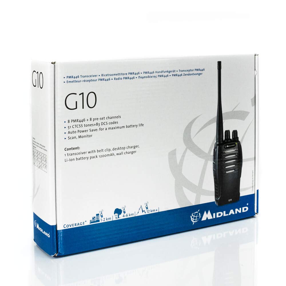 Midland G10 Radio Ricetrasmittente Walkie Talkie 8 Canali PMR446 e 8 Canali Preimpostati, 1 Ricetrasmettitore, Batterie Ricaricabili Li-Ion 1200 mAh, Caricabatterie da Tavolo e Adattatore da Muro