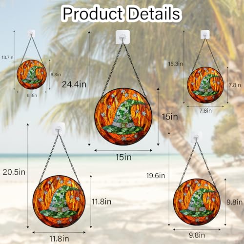 Image of Stained Glass Window Hanging - Halloween Decorations Witch Hat Suncatcher for Doors Garden Indoor Spooky Funny Green Sun Catchers Gothic Decor Horror Gifts for Women Men Friend 7.8 in