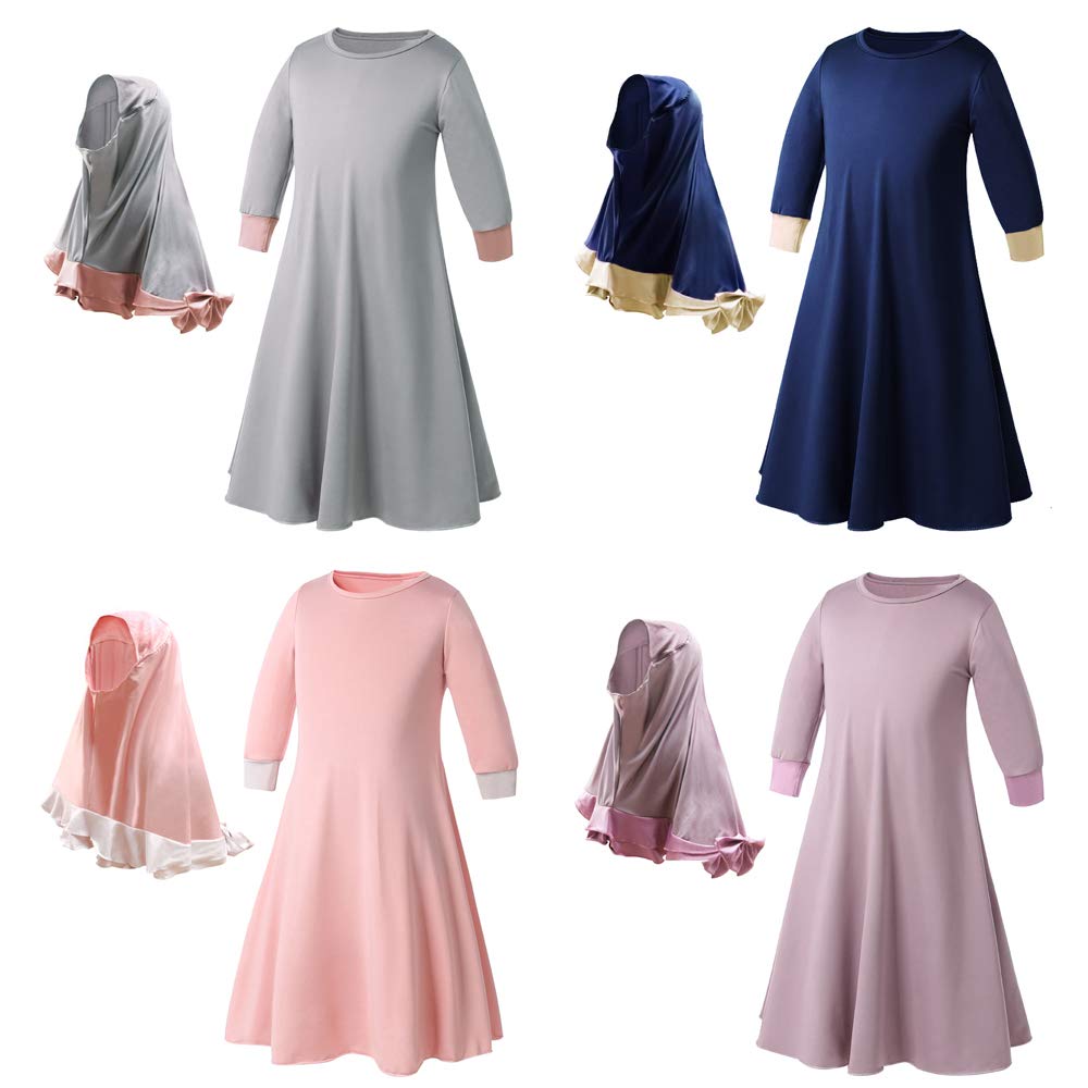 Islamic Muslim Dress - Solid Color Long Abaya with Hijab - Long Sleeves - for Kids Toddler Girl