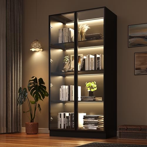 Wildhome Wooden Display Storage Cabinet with Glass Door, LED Lights,Showcase