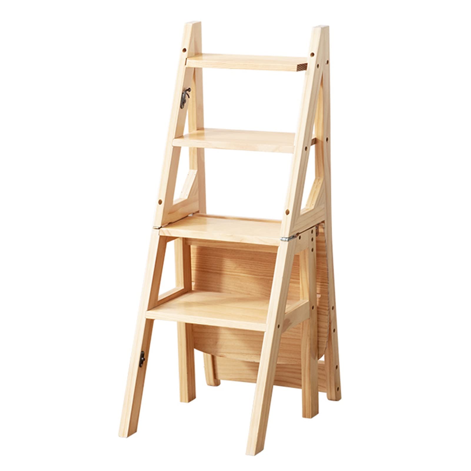 ZGYOZMNG 4 Step Ladder Chair Wooden Step Stool, Folding Fold Up Library Step Bookshelf Ladder Shelf Multifunction Stepladder Stairway Chair for Indoor Kitchen and Office (Color : White) (Wood Color)