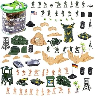 deAO 100 Piece Military Play Set with Toy Soldiers; Military Figures; Tanks; Planes; Flags; Carry Case and Battlefield Accessories