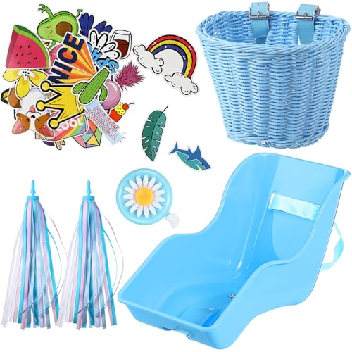 Aurelema Doll Bike Seat with Basket 28 Pcs Stickers Streamers Bell, Blue
