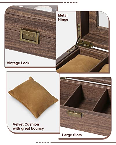 Image of Uten Watch Box 6 Slots with Glass Lid, Wood Grain PU Leather | Watch Storage Organizer, Imitation Suede Pillows, Metal Clasp, fits Watch Size up to 55mm, Gift Idea