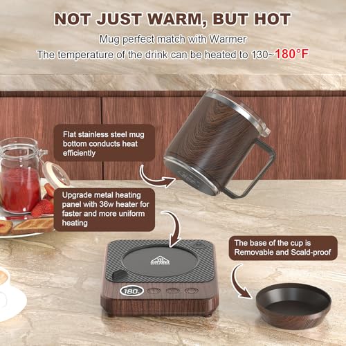Image of Felibeaco Coffee Mug Warmer &Mug Set for Desk, Smart Coffee Cup Warmer with 16oz Heated Mug, Cup Heater with Auto Shut Off for Office /Home, Coffee Gifts for Men&Women, for Dad, Wood