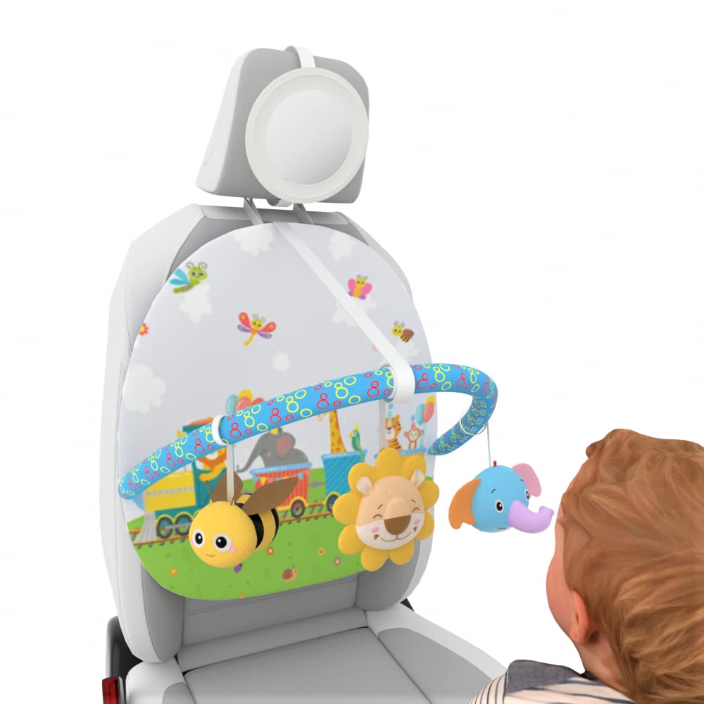 Baby in-car Toy Center, for Long Travel with Rear Mirror, Car seat Double Sided Arch Activity Center Hanging Squeaky Toy for Infant 0-36 Months