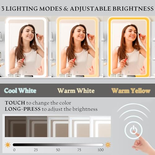 image for Xixini Vanity Desk with LED Lights Mirror & Power Outlet, Small Makeup