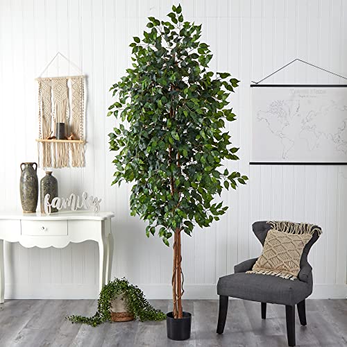 Image of Nearly Natural 8ft Triple Trunk Artificial Ficus Tree with Natural Wood Trunks, Fake Tree for Indoor Home Decor, Faux Ficus Tree with Black Nursery Pot