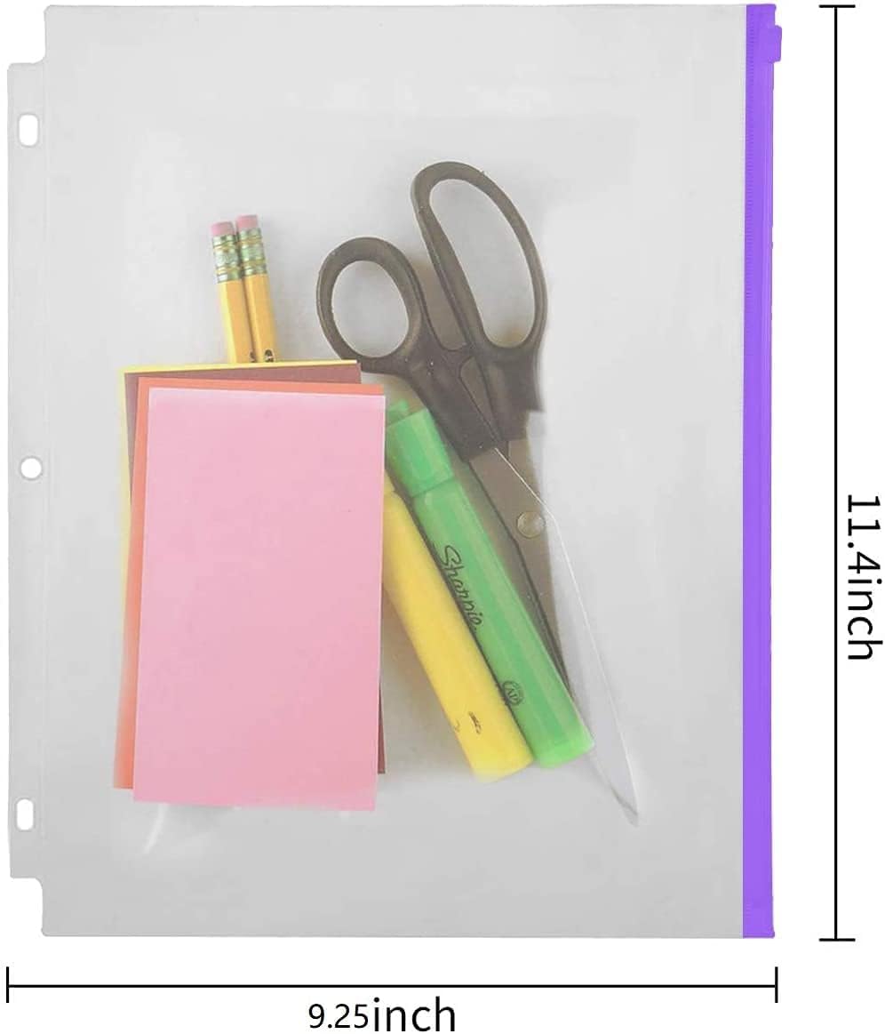 YoeeJob 3 fori in PVC trasparente con cerniera per raccoglitore, formato lettera, 20,3 x 28 cm, 50 confezioni (5 colori)
