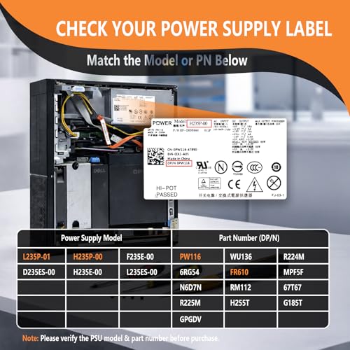 Image of PW116 WU136 235W Desktop Power Supply for Dell Optiplex 760 780 960 980 Small Form Factor (SFF) Systems FR610 6RG54 MPF5F N6D7N RM112 67T67 R225M R224M H255T H235P-00 L235P-01 D235ES-00 F235E-00