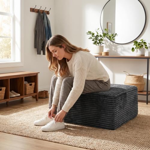 Image of 35.4 inch Corduroy Ottoman Foot Rest with Soft Memory Foam, Grey | Plush Pouf Compressed Footrest, Floor Foot Stool for Living Room, No Assembly Require