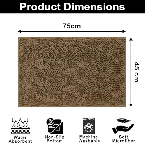 Image of LUXE HOME INTERNATIONAL Shaggy Chenille Bath Mat Extra Soft Super Absorbent Anti Skid Slip Popcorn Door Mats for Home Entrance, Bathroom, Bedroom, Kitchen, Floor Mat (45x75 cm Chocolate) Pack of 1