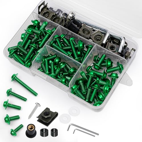 Image of Green Motorcycle Fairing Bolt Kit 177Pcs, M5 M6 Stainless Steel | Storage Box, Chrome Finished, Windscreen Screws Fastener Clips Universal Fit for Suzuki Kawasaki Honda Yamaha BMW Ducati GSXR