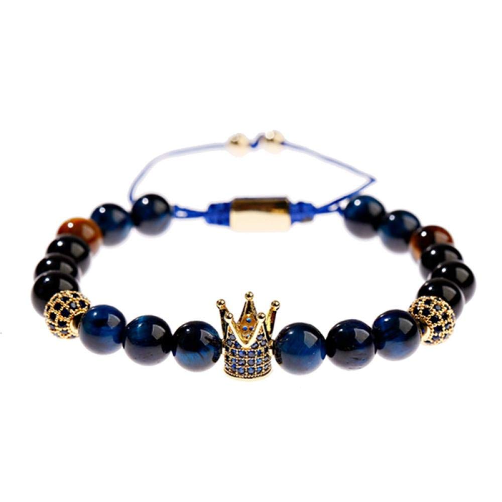 WQZYY&ASDCD Pulseras Brazalete Lujo Circonita Cúbica Corona Bolas Encanto Pulsera Trenzada Hombres Mujeres Azul Piedra Natural Cuentas Pulseras Y Brazaletes