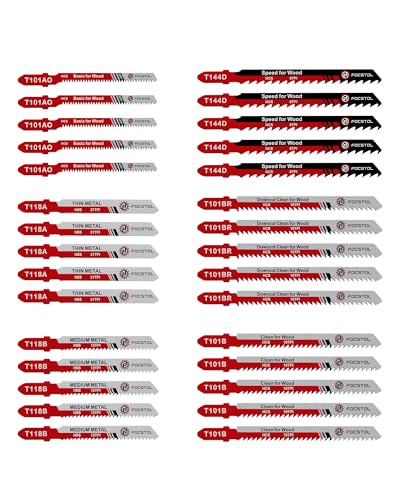 30PCS T-Shank Jigsaw Blades Set - FOCSTOL HSS/HCS Jig Saw Blades for Cutting Metal, Wood and Plastic (T118A,T118B,T101AO,T101B,T101BR,T144D)