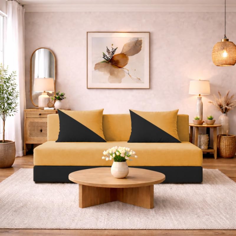 Image of Adorn India Easy Desmond 3 Seater Sofa Cum Bed 5 x 6 Velvet (Yellow & Black) (1 Year Warranty)