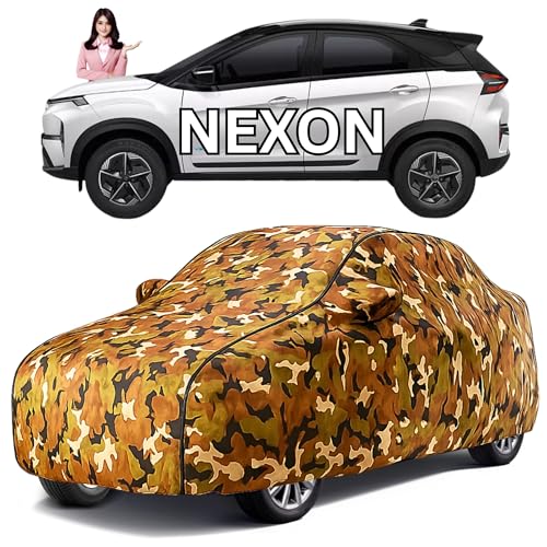 Image of Car Cover Compatible for Tata Nexon All Model & Years (2017-2025) 100% Waterproof with Mirror Pockets, Triple Stitched Bottom Elastic Dustproof Full Body Protection Heat & UV Resistant, Jungle