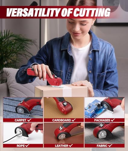 Image of HK Cordless Electric Scissors, 4V Electric Box Cutter, Carpet & Cardboard Cutter with a Replacement Blade /Charger, Rotary Cutter for Cardboard Packages Leather Plastic (Red)