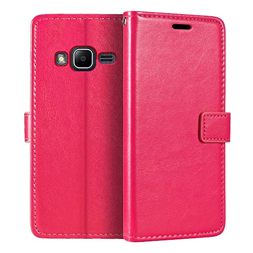 Shantime Leather Case Compatible with Samsung Galaxy J1 Mini Prime, Business Design Magnetic Flip Cover with 3 Card Slots, Photo Frame, and Hidden Wallet(Rose Red)