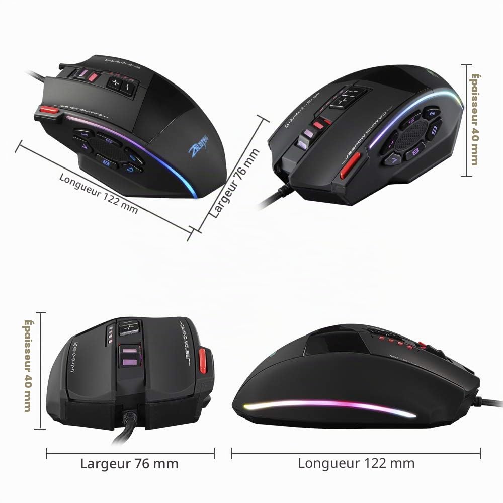 Docooler Souris de Jeu Filaire Zelotes C-13 13 Touches de Programmation Ceinture légère réglable 10000DPI RGB Mémoire intégrée de 128 KO Mécanisme de contrepoids intégré